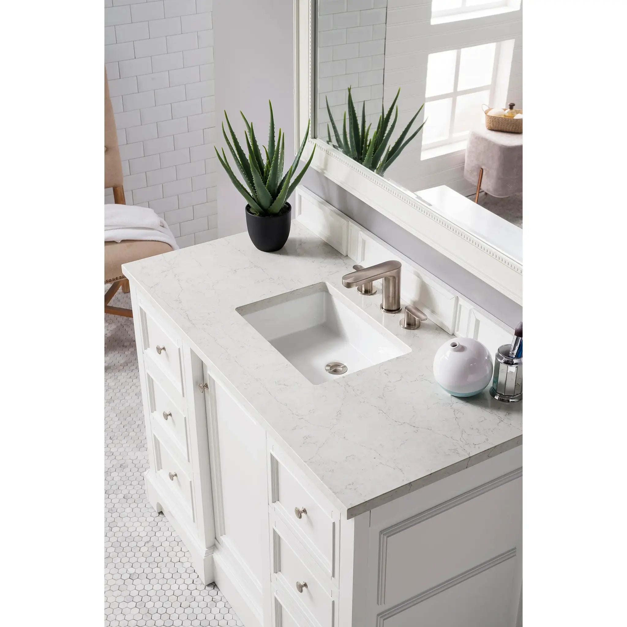 De Soto 48" Single Vanity in Bright White-Eternal Jasmine Pearl Silestone-8" Widespread image 2