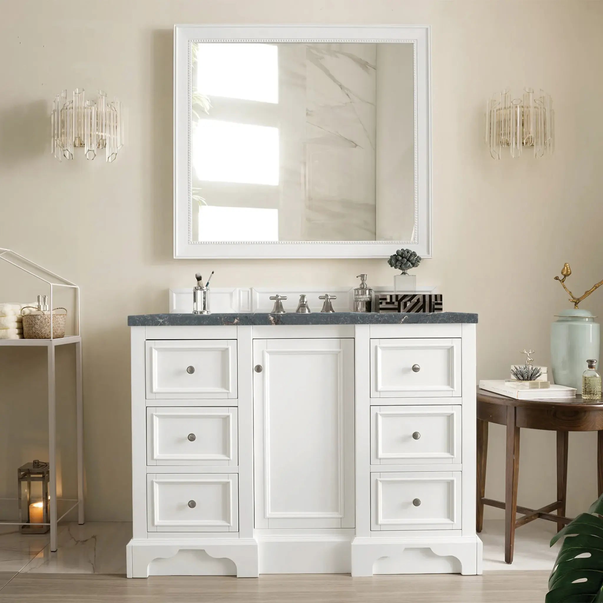 De Soto 48" Single Vanity in Bright White-Parisien Bleu Silestone-8" Widespread image 1