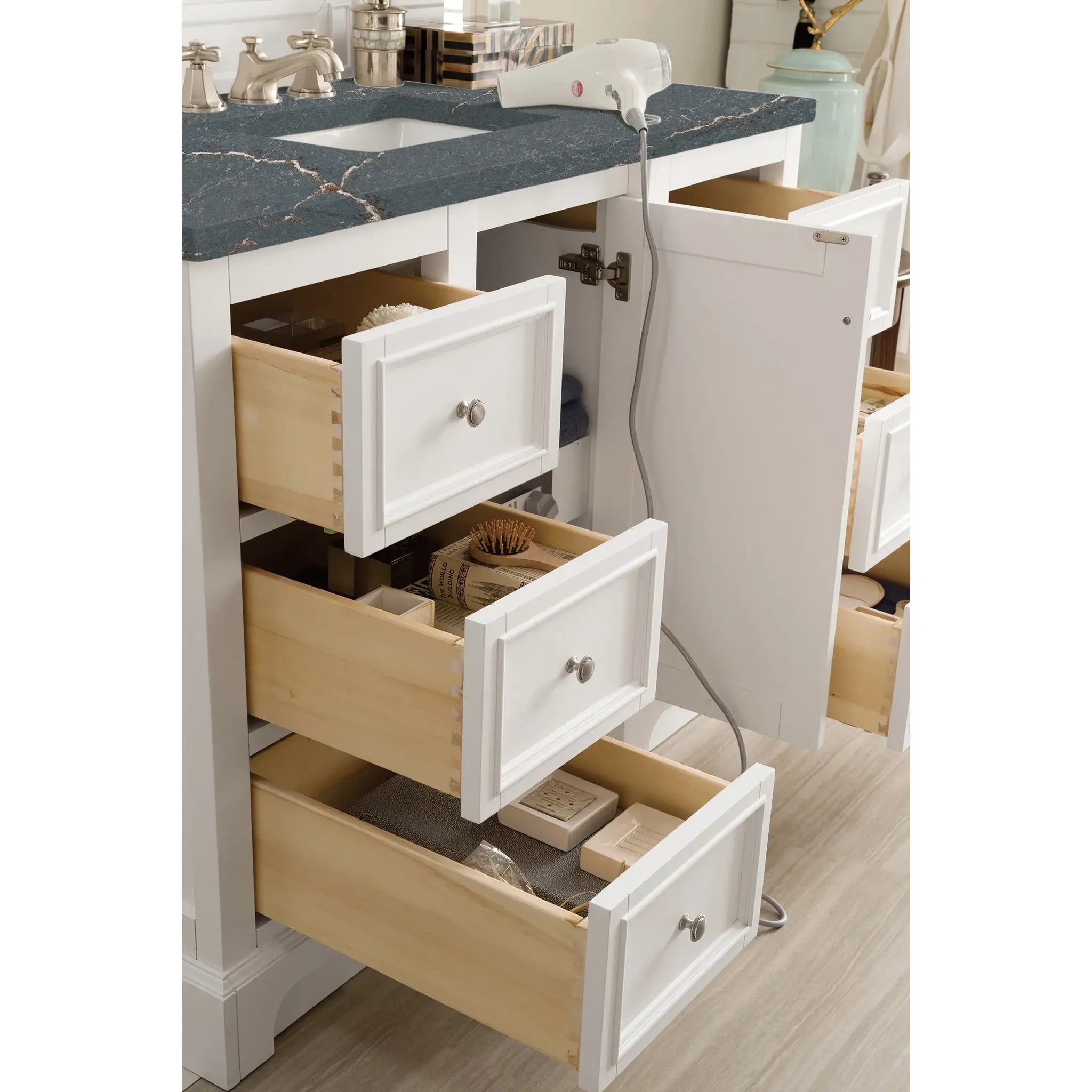 De Soto 48" Single Vanity in Bright White-Parisien Bleu Silestone-8" Widespread image 3