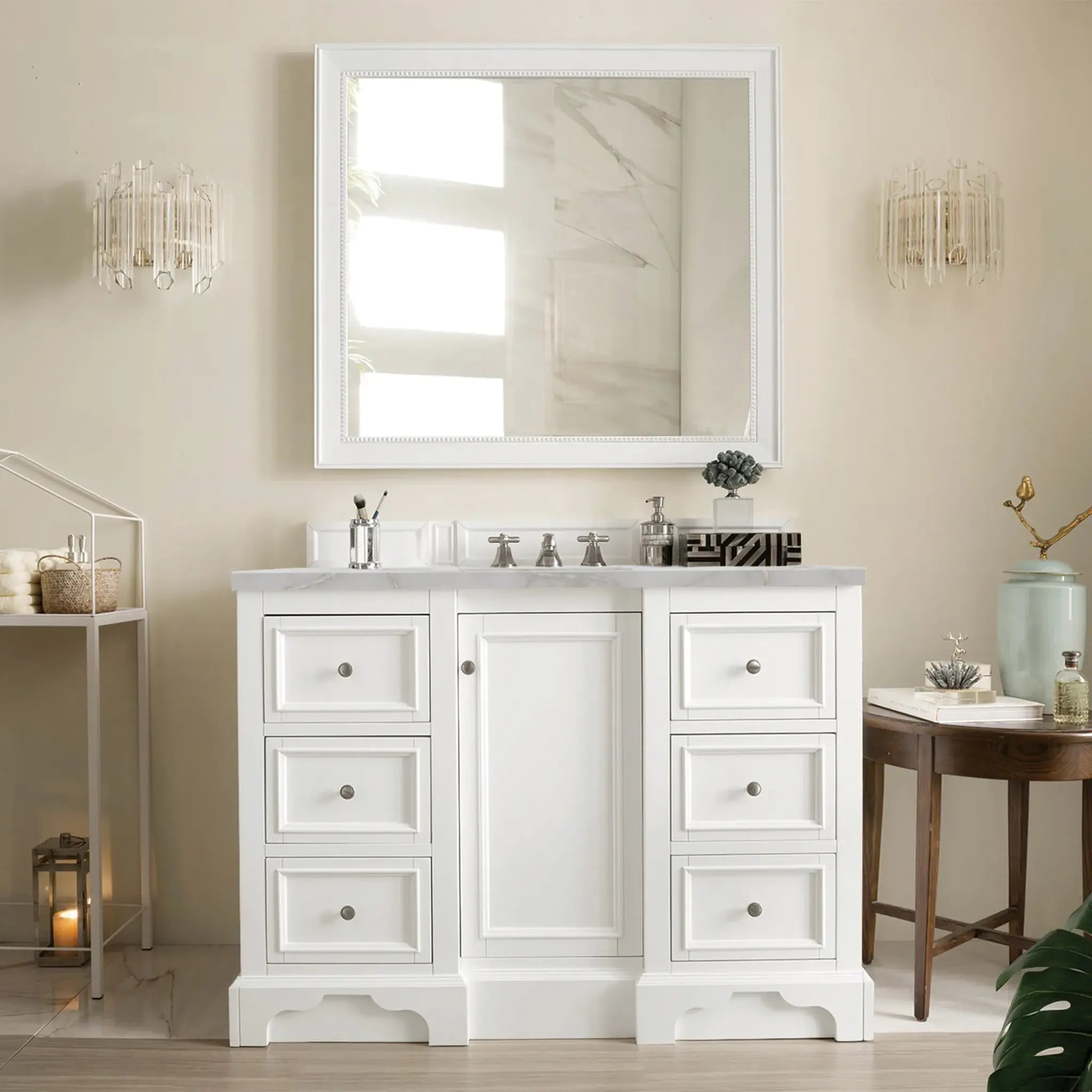 De Soto 48" Single Vanity in Bright White-Victorian Silver Silestone-8" Widespread image 1