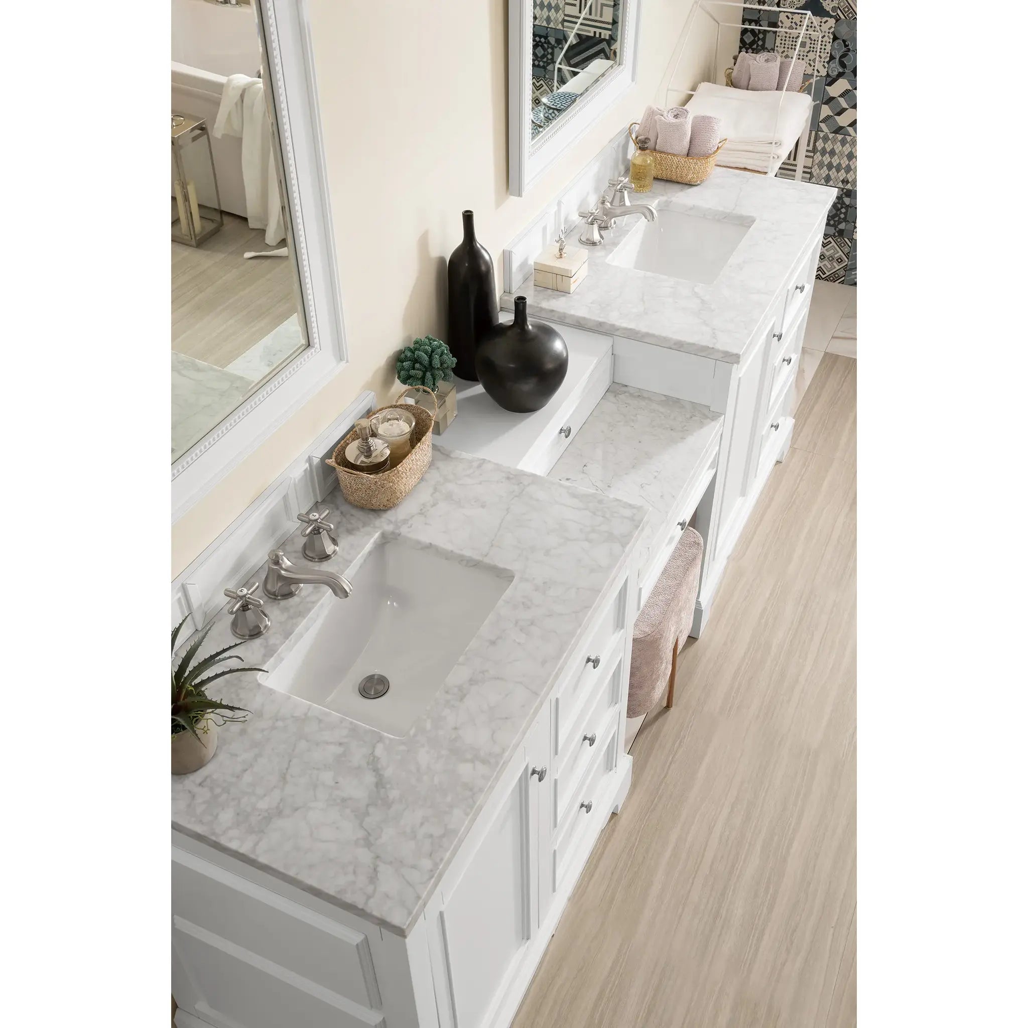 De Soto 94" Double Vanity Set in Bright White-Carrara White Marble-8" Widespread image 1