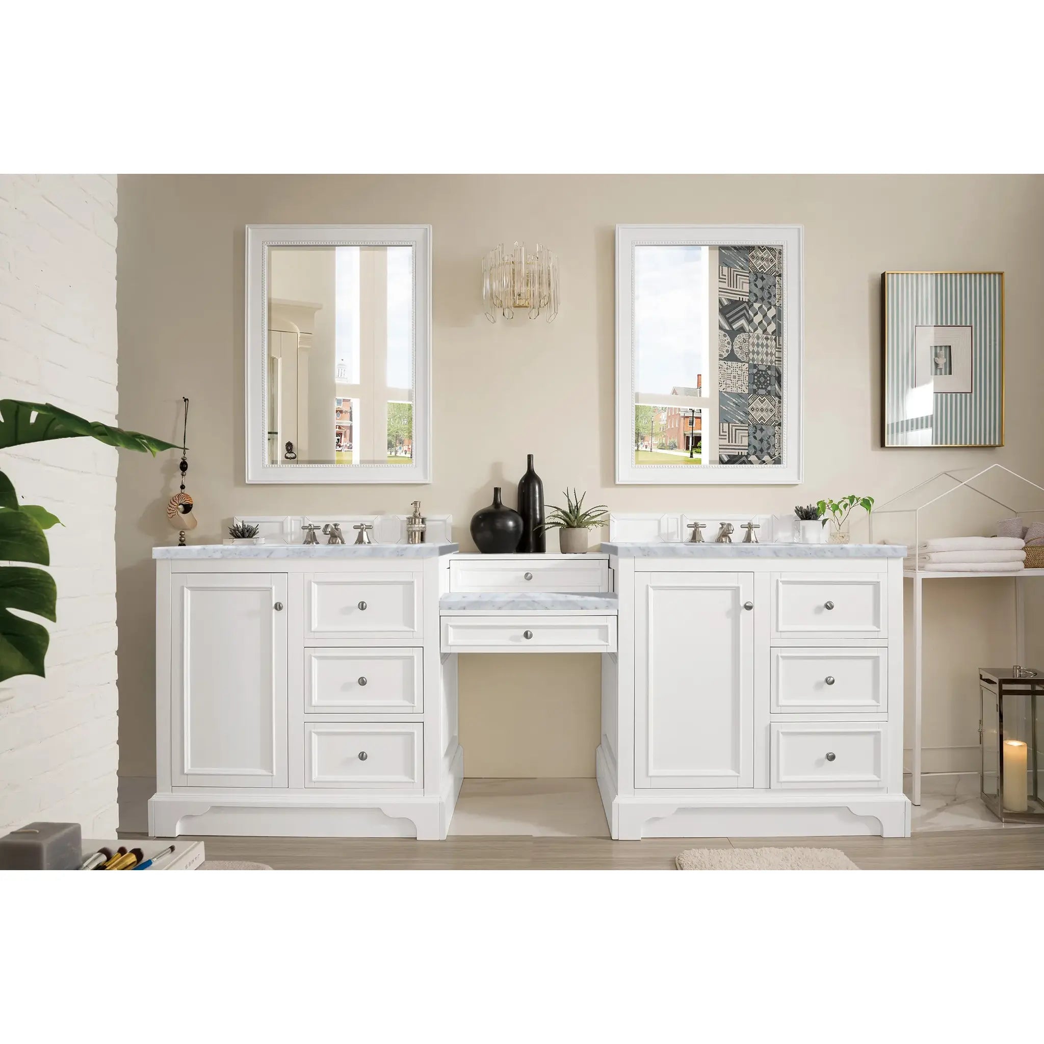 De Soto 94" Double Vanity Set in Bright White-Carrara White Marble-8" Widespread image