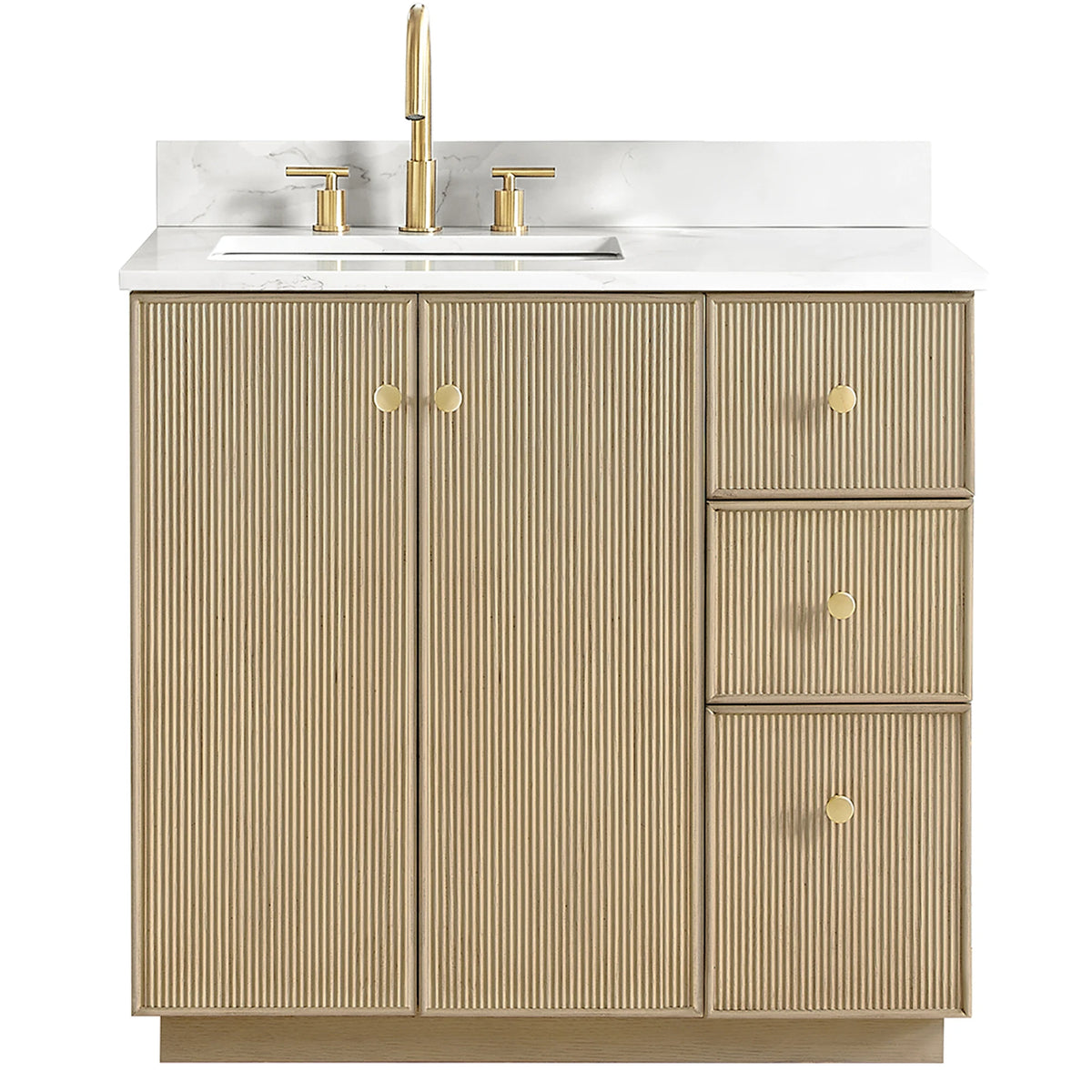 Aged Natural Oak 36-inch single bathroom vanity with Calacatta White Quartz top, shown from the front on white
