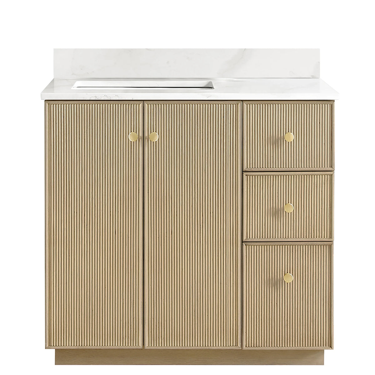 Straight-on view of the 36-inch Aged Natural Oak single vanity without a mirror, white background