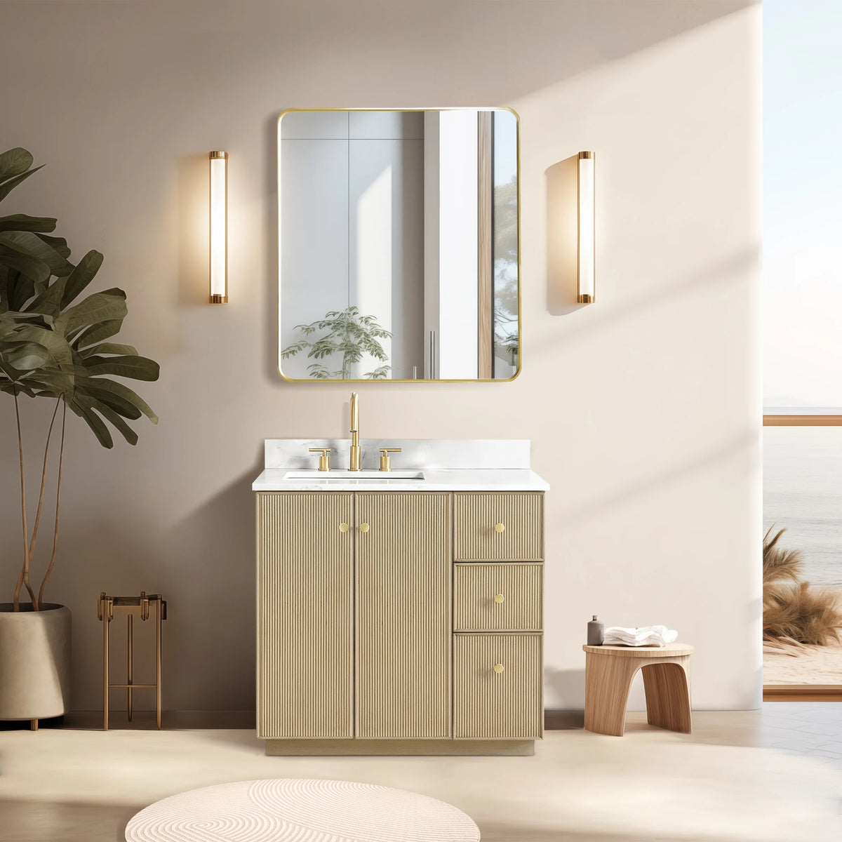 Bathroom room scene featuring the 36-inch Aged Natural Oak single vanity with quartz top