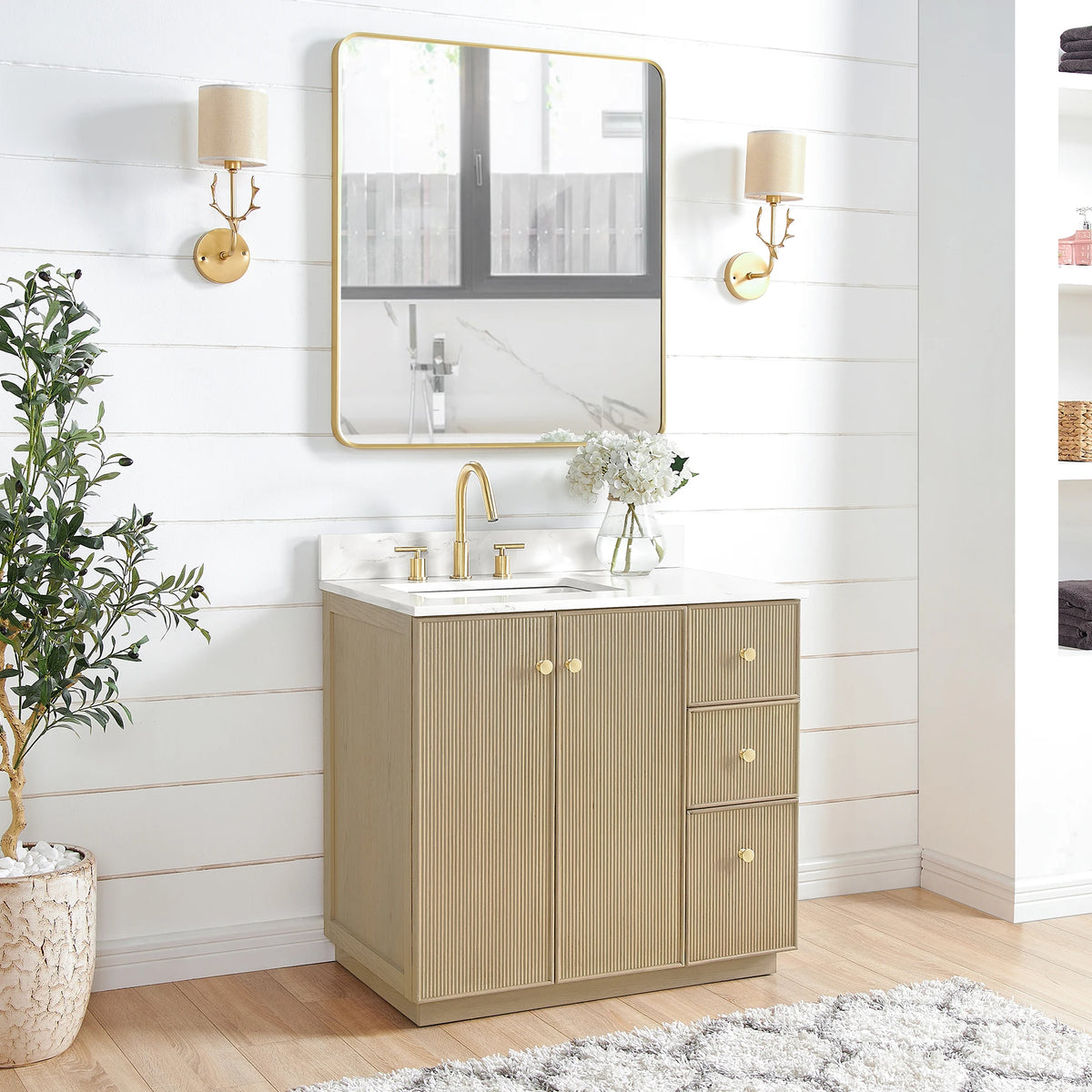 Second room view of the 36-inch single vanity in Aged Natural Oak