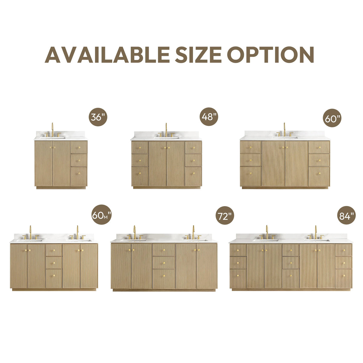 Size options infographic listing 36, 48, 60, 60 double, 72 and 84 inch vanities