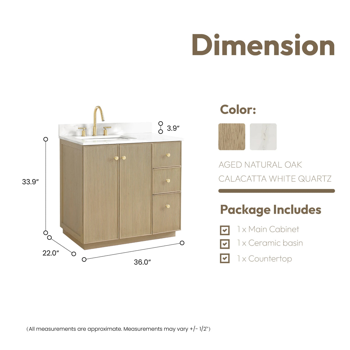 Dimension drawing of the 36-inch vanity: 36 wide, 22 deep, 33.9 high, with package contents
