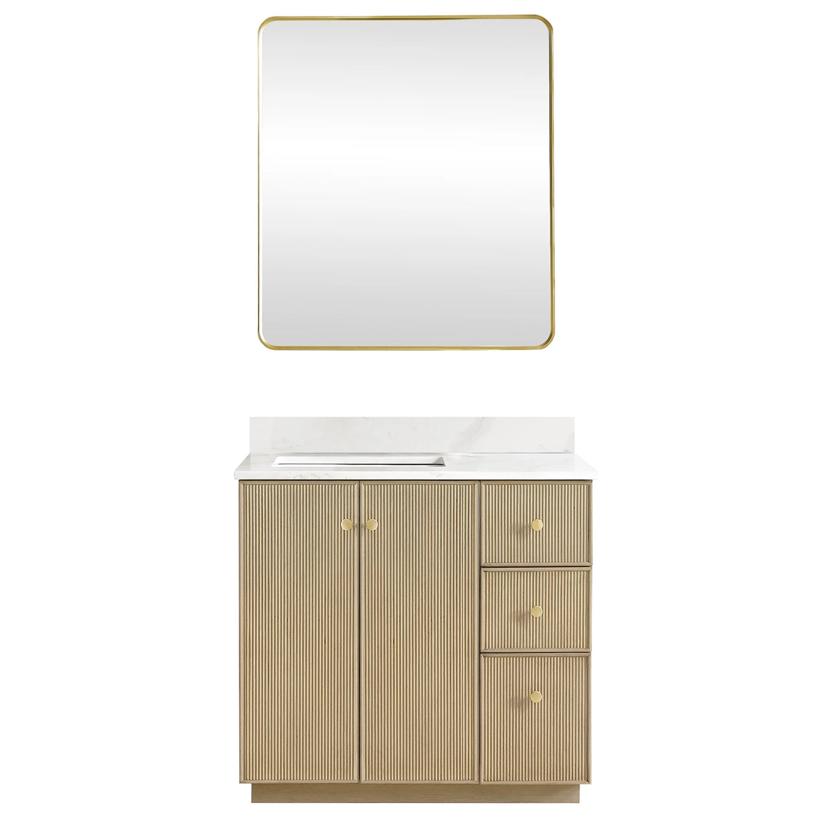 Matching aluminum-framed mirror above the Aged Natural Oak 36-inch single vanity, white backdrop