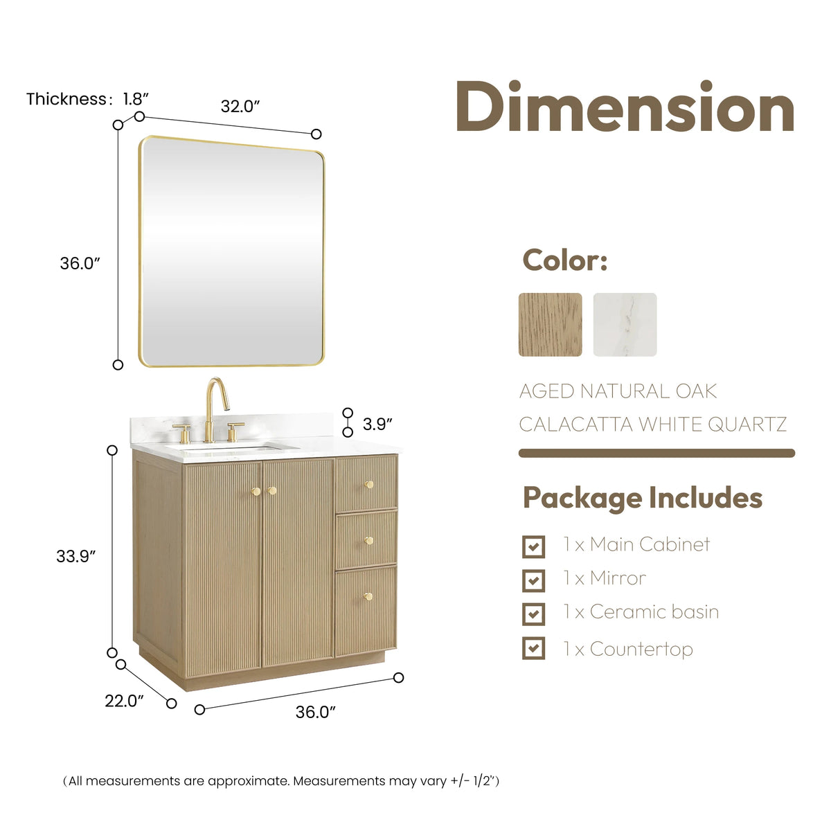 Dimension drawing of the vanity and its mirror, mirror measuring 32 wide by 36 high
