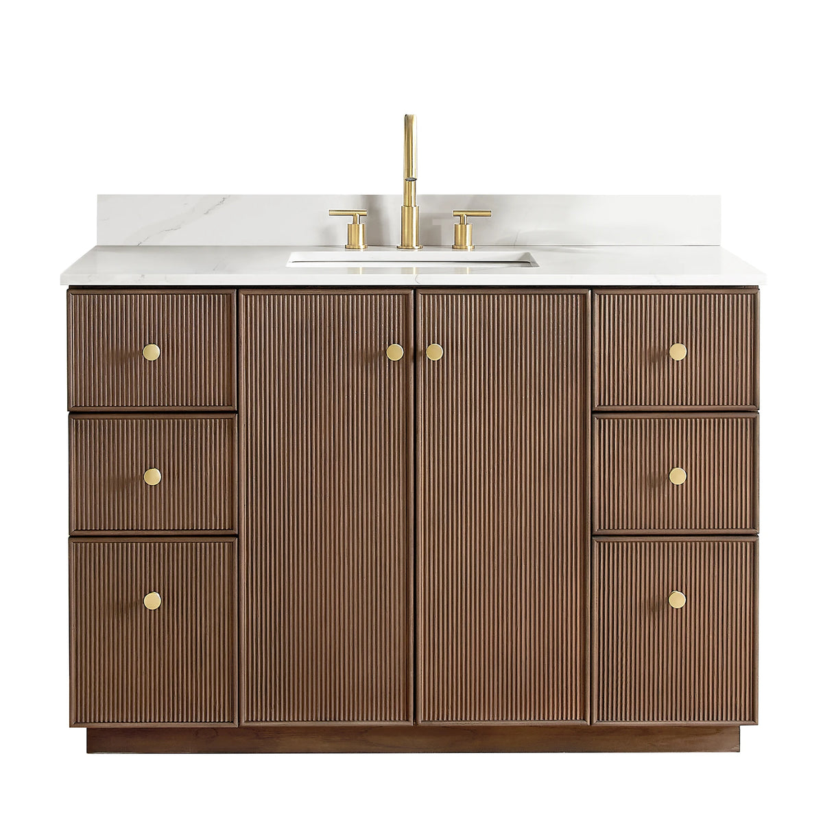 Aged Dark Brown Oak 48-inch single bathroom vanity with Calacatta White Quartz top, shown from the front on white
