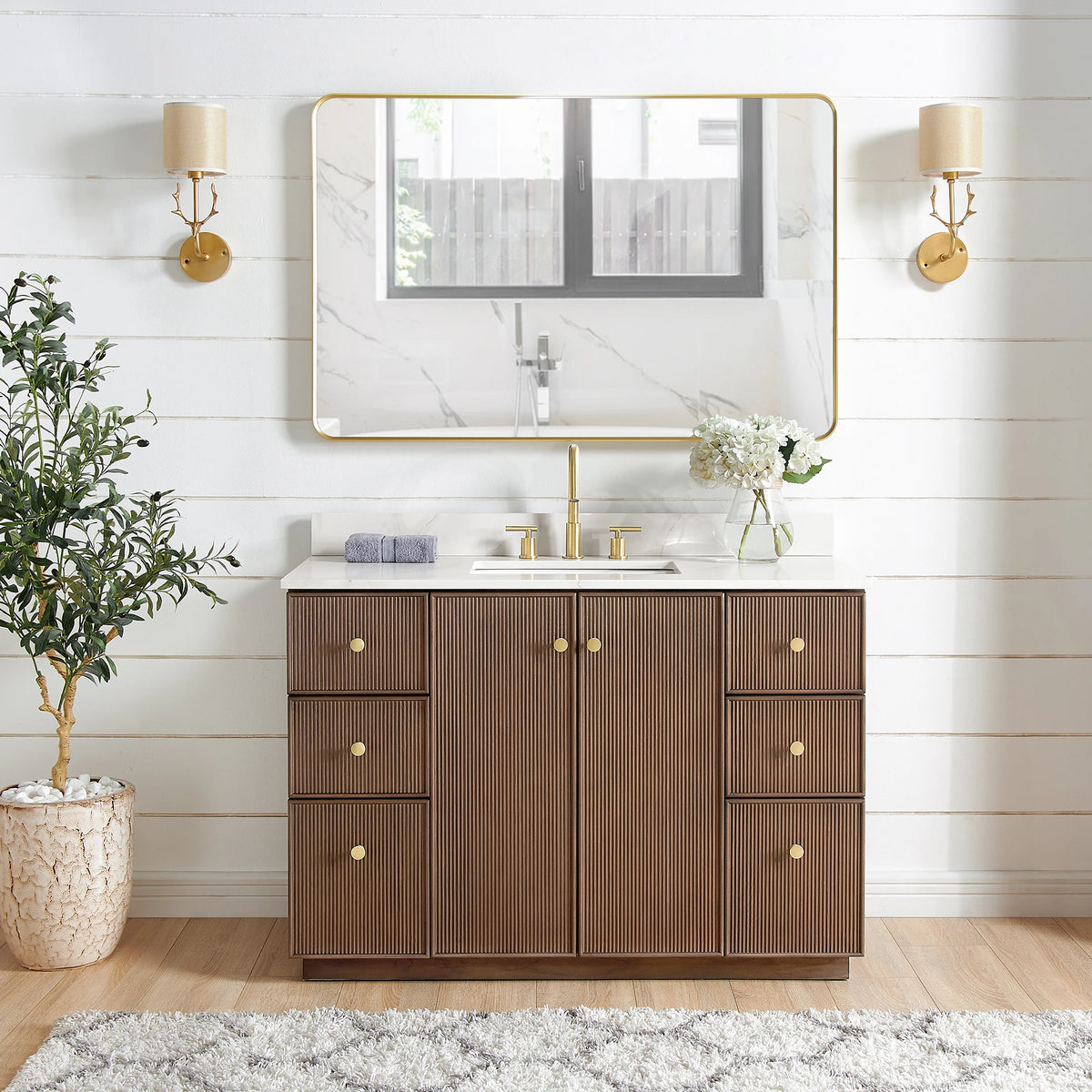 Bathroom scene with a 48-inch Dovessan single vanity finished in Aged Dark Brown Oak