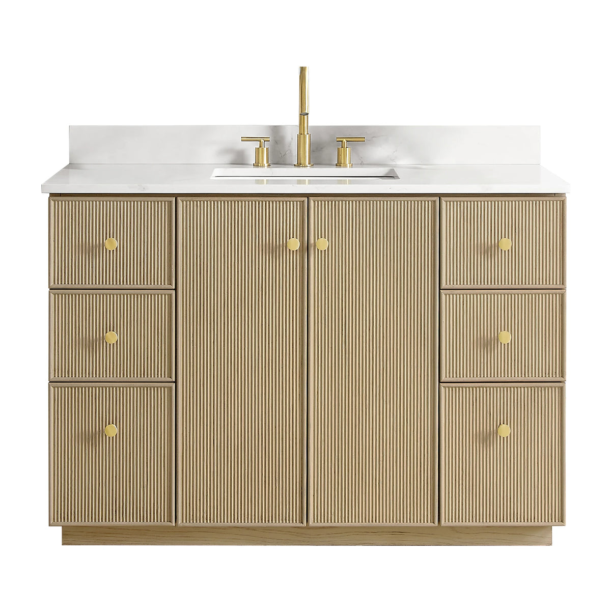 Aged Natural Oak 48-inch single bathroom vanity with Calacatta White Quartz top, shown from the front on white