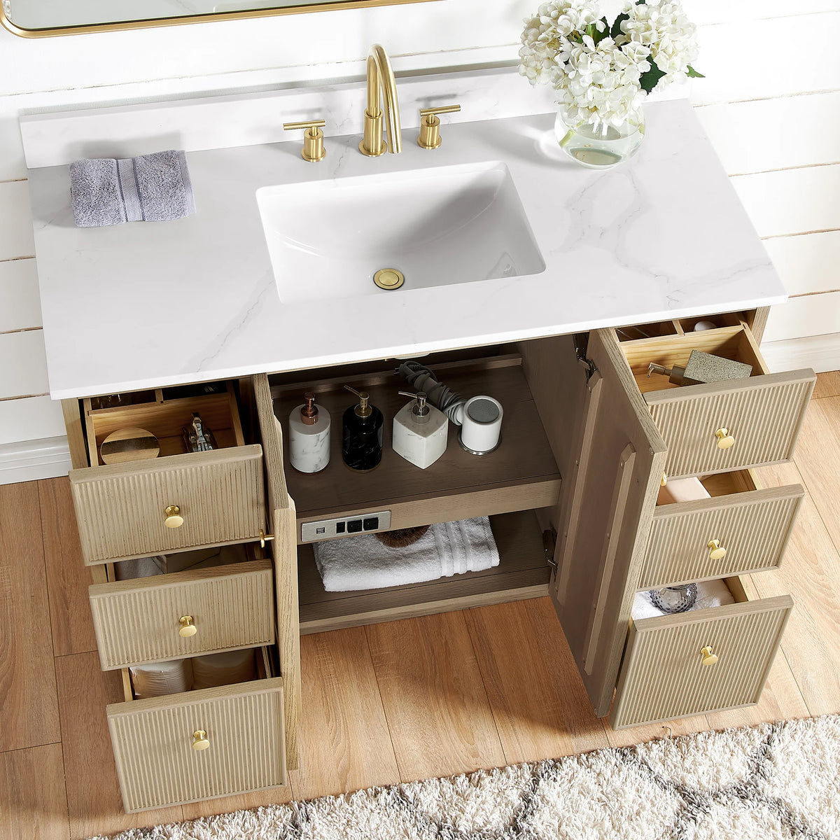 Open doors and drawers on the 48-inch Aged Natural Oak vanity showing the storage inside