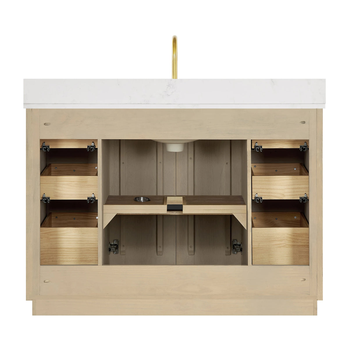 Open cabinet seen from behind, no back panel, on the 48-inch Aged Natural Oak vanity