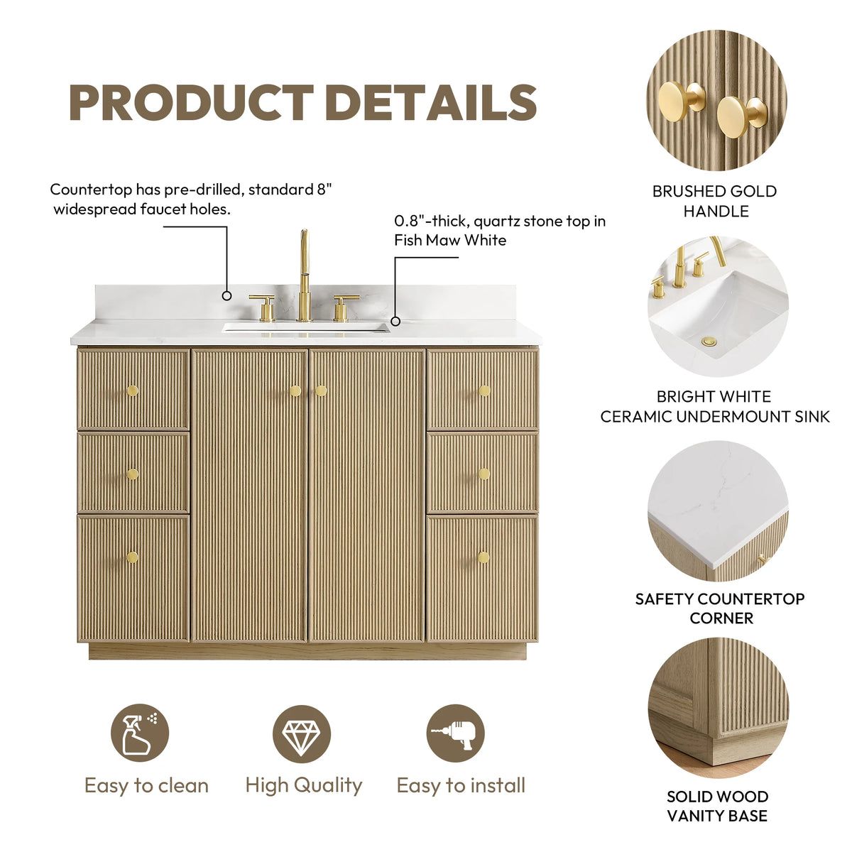 Product details infographic: 8 inch widespread faucet holes, quartz top, Brushed Gold handle, ceramic undermount sink