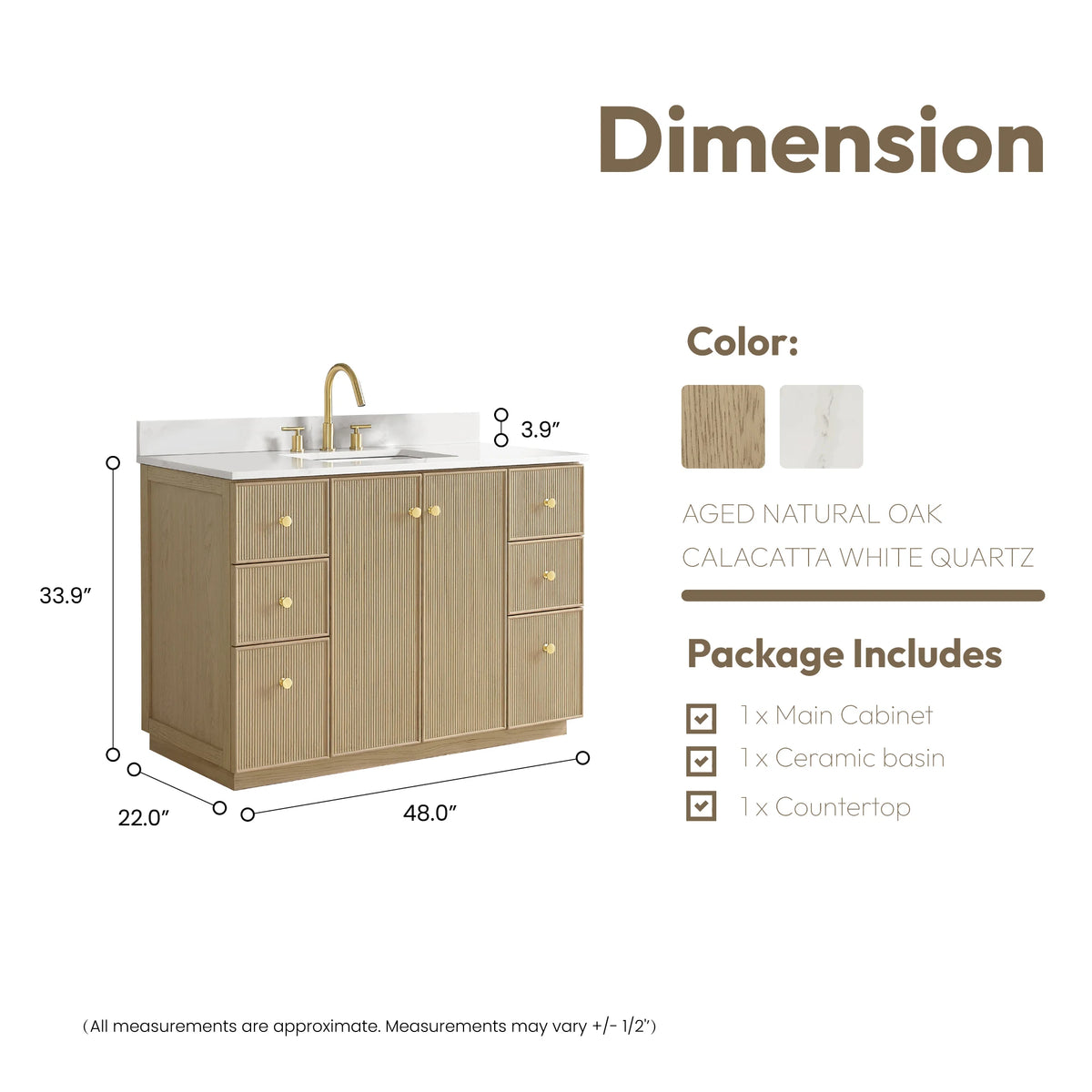Dimension drawing of the 48-inch vanity: 48 wide, 22 deep, 33.9 high, with package contents