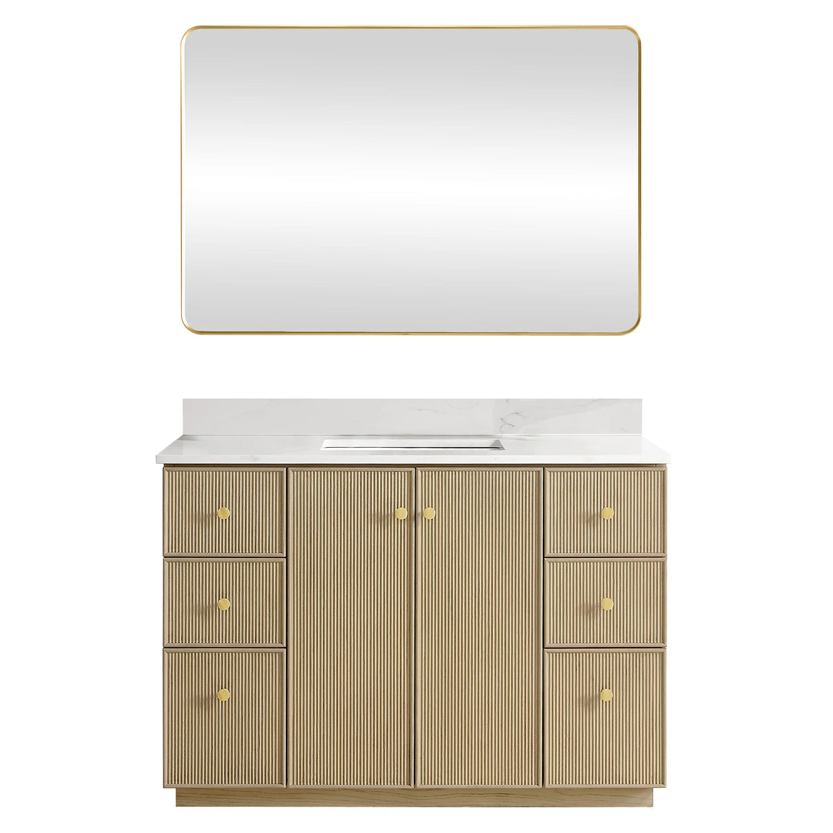 Matching aluminum-framed mirror above the Aged Natural Oak 48-inch single vanity, white backdrop