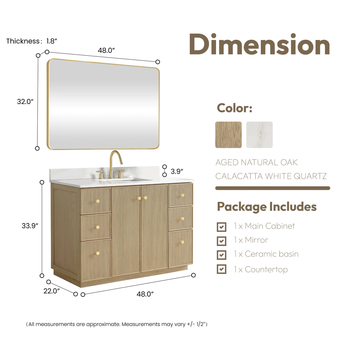 Dimension drawing of the vanity and its mirror, mirror measuring 48 wide by 32 high