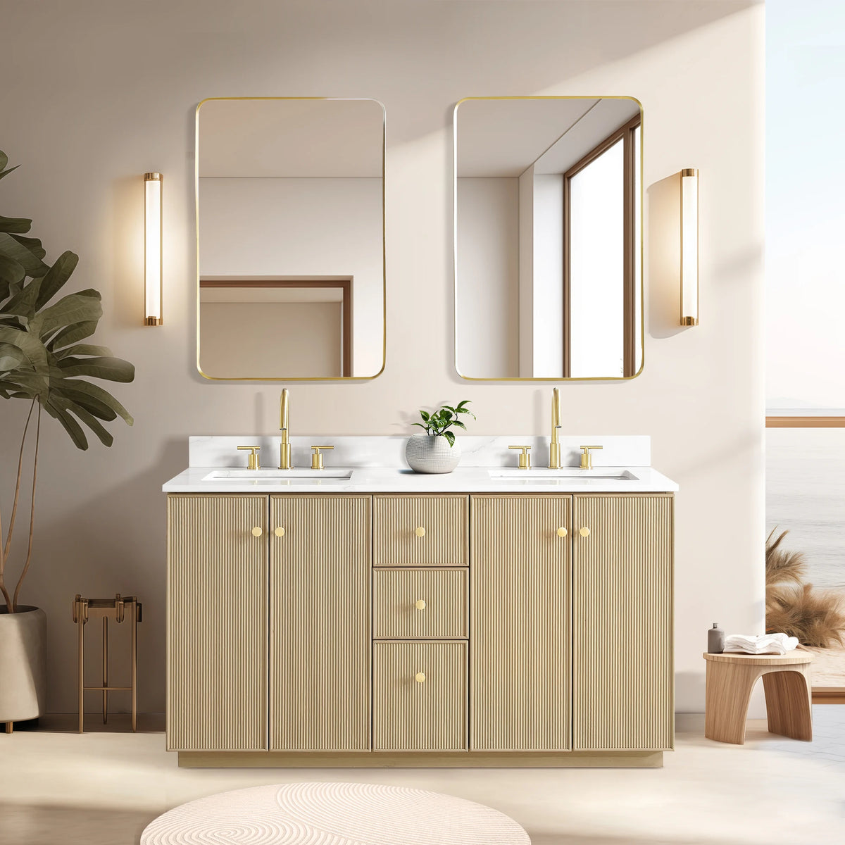 Close bathroom room scene of the double vanity in Aged Natural Oak