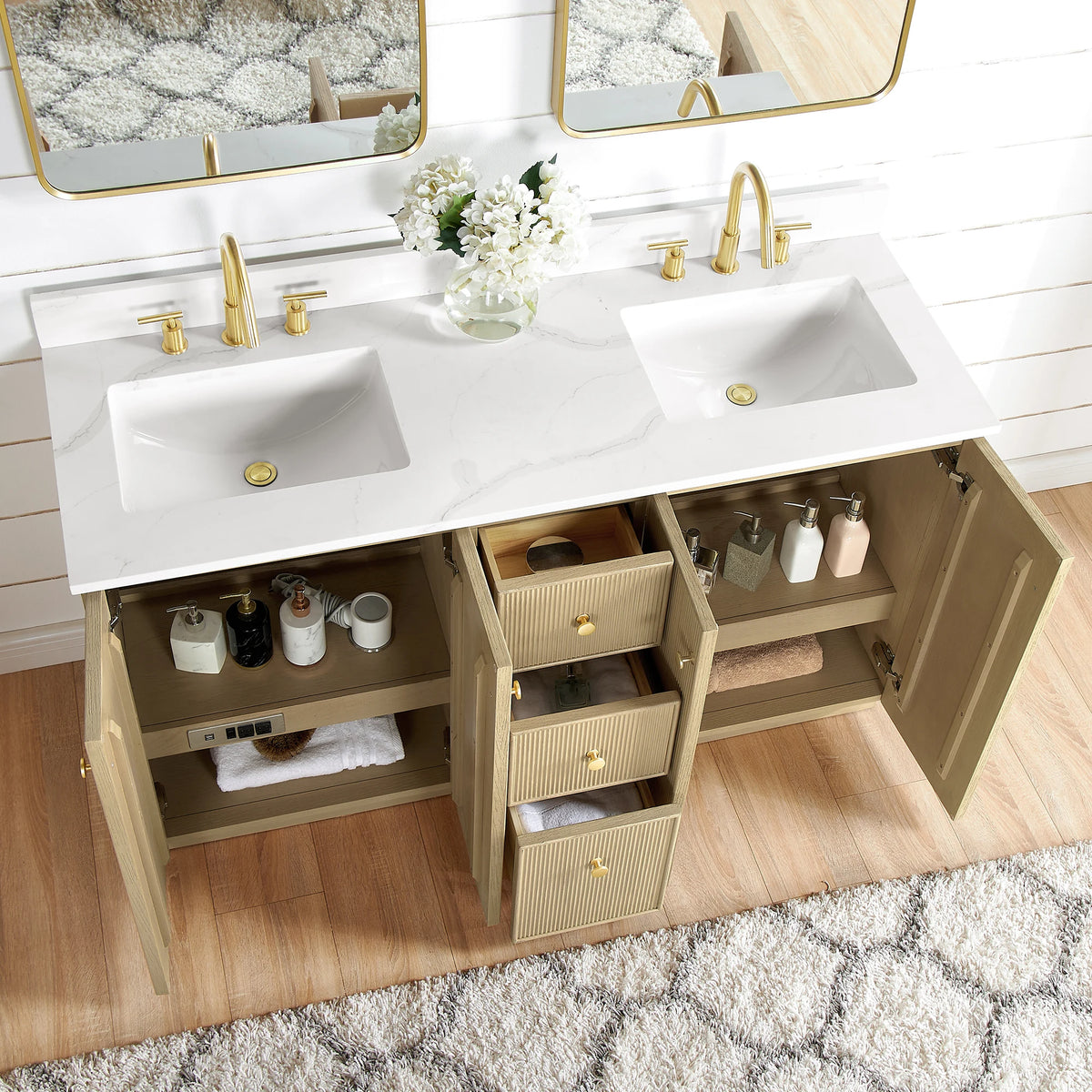 Double vanity with its doors and drawers open to show the storage inside, Aged Natural Oak finish