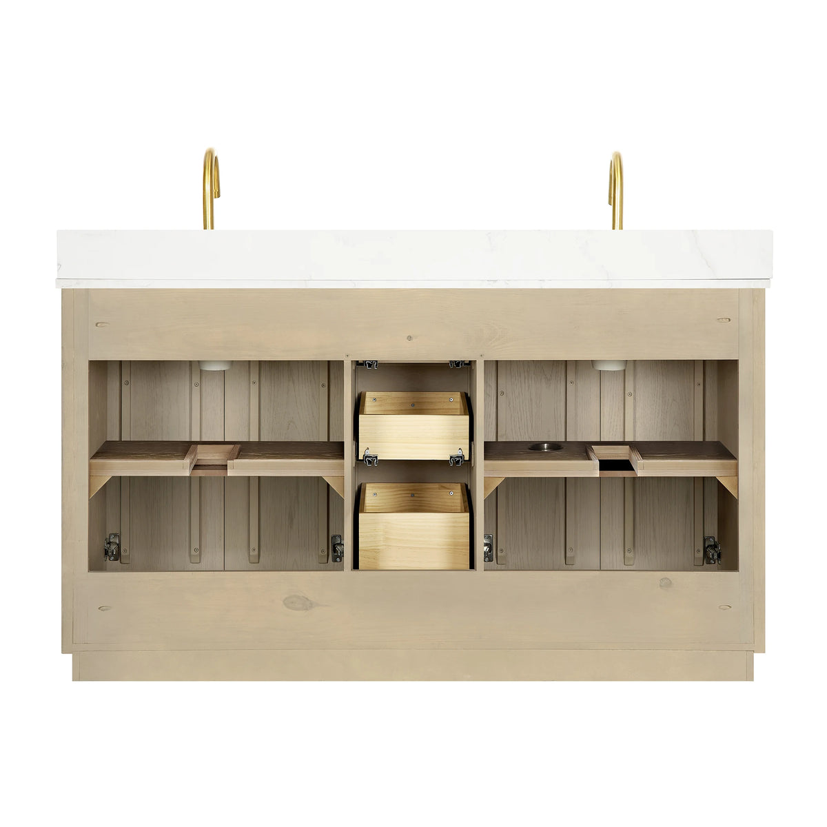 Open back view of the double vanity cabinet, which has no back panel, on white
