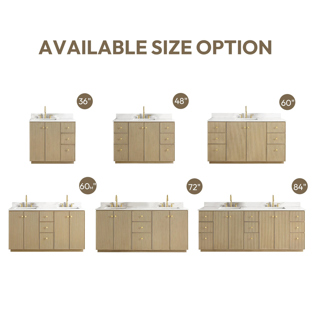 Size options infographic listing the 36, 48, 60, 60 double, 72 and 84-inch vanities