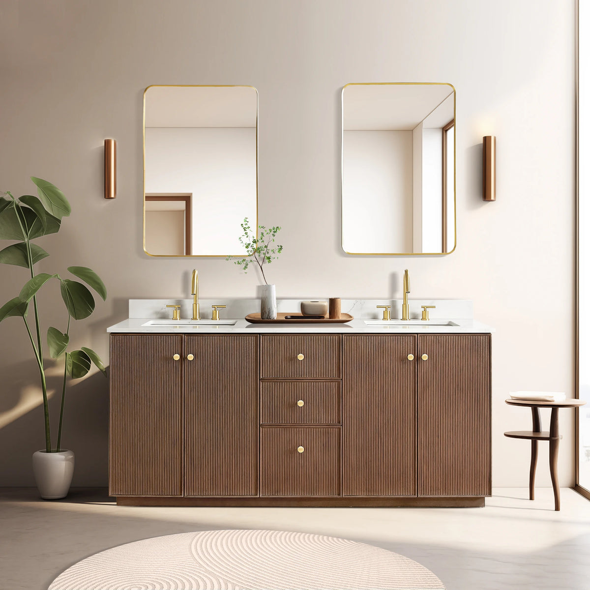 Second bathroom scene featuring the 72-inch double vanity in Aged Dark Brown Oak