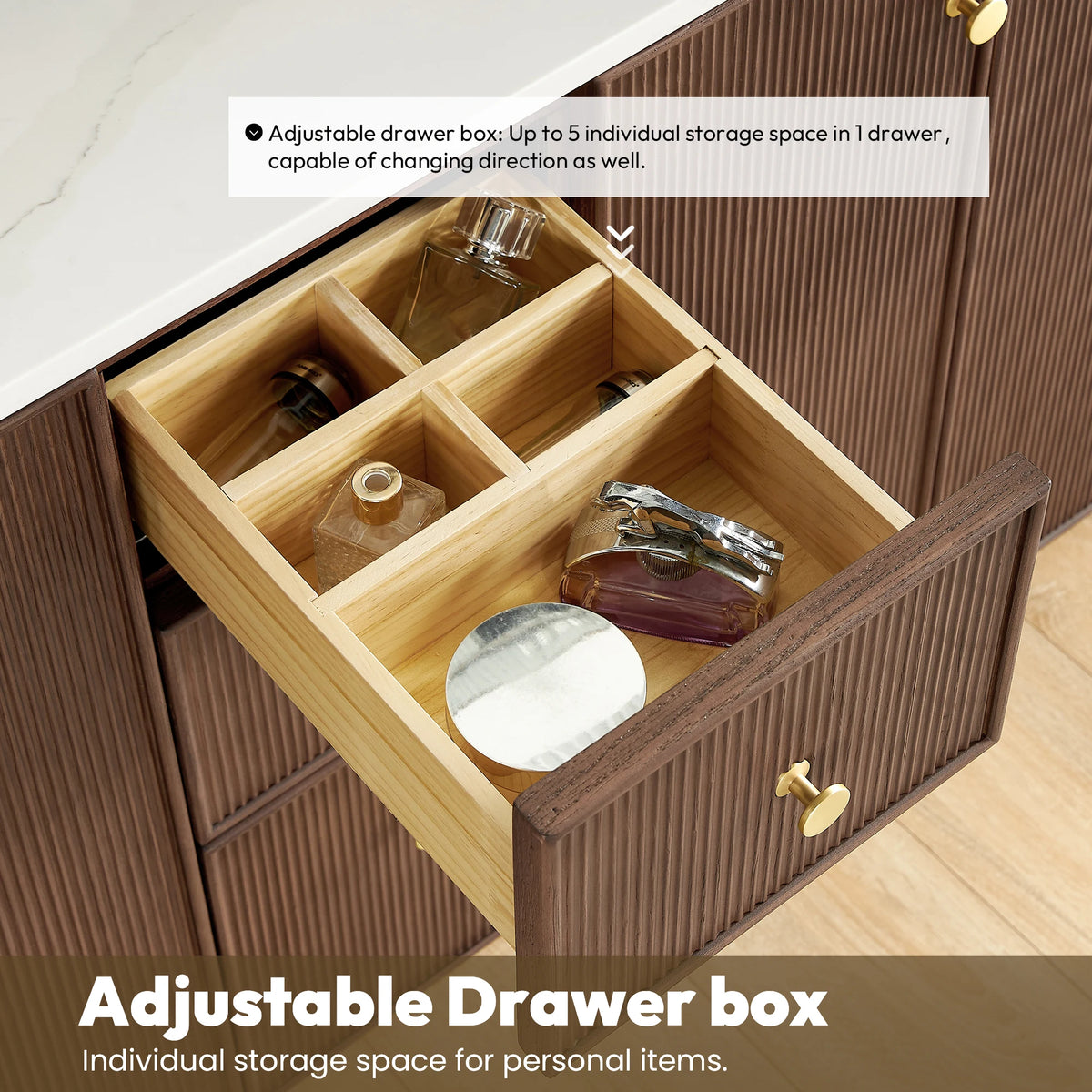 Callout for the adjustable drawer box, with up to 5 individual storage spaces in one drawer