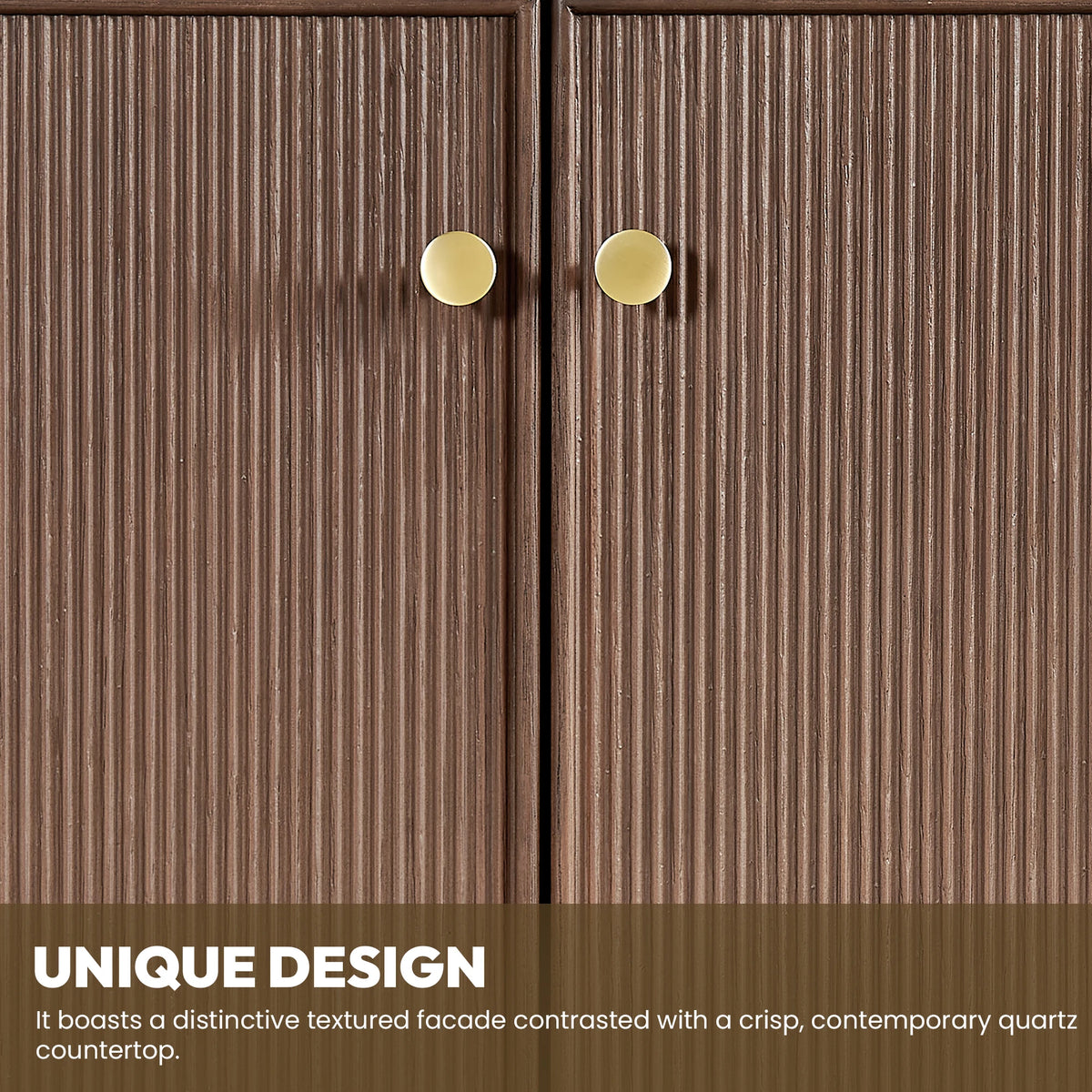 Close-up of textured Aged Dark Brown Oak doors and Brushed Gold handles with a design callout