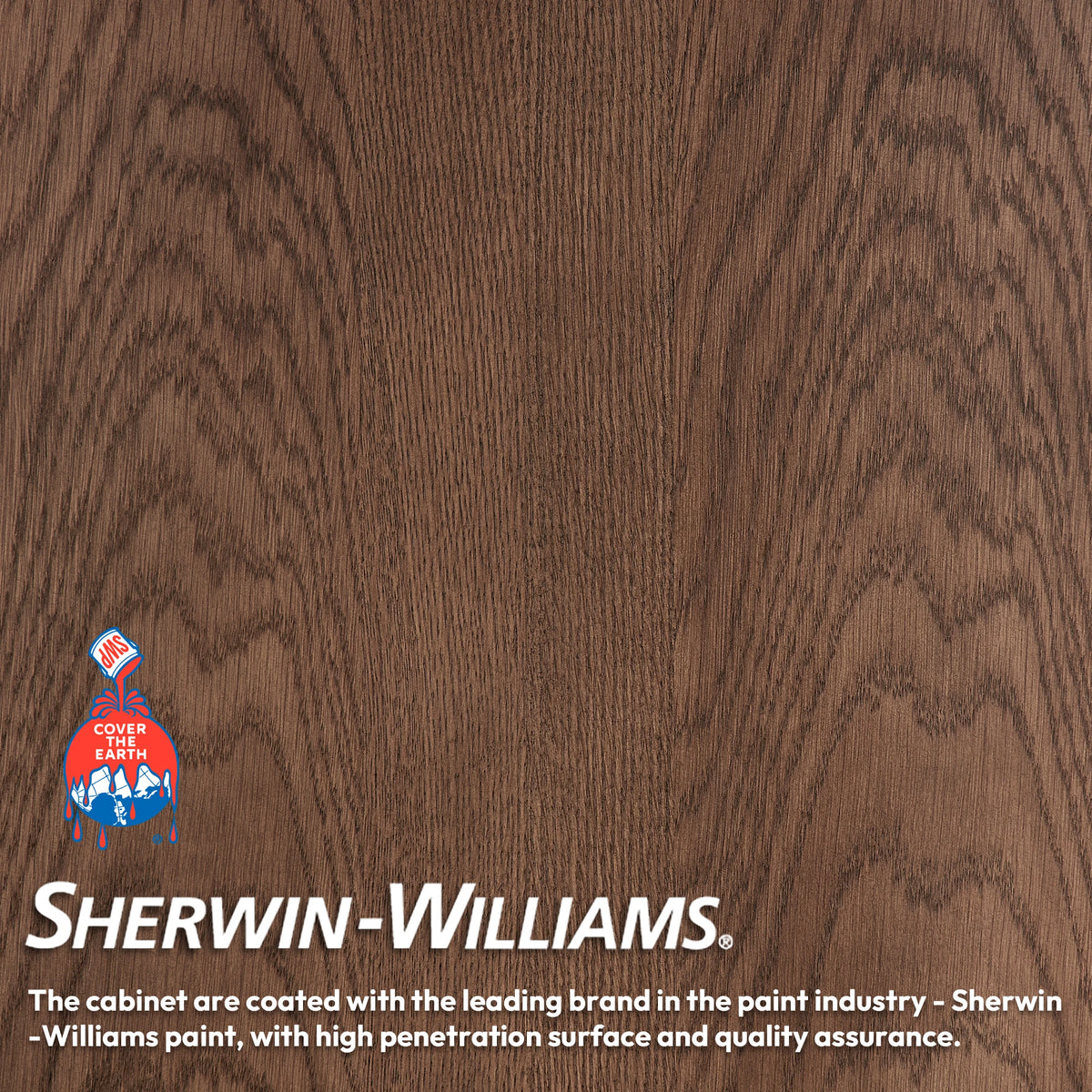 Callout about the painted finish on the Aged Dark Brown Oak solid wood cabinet