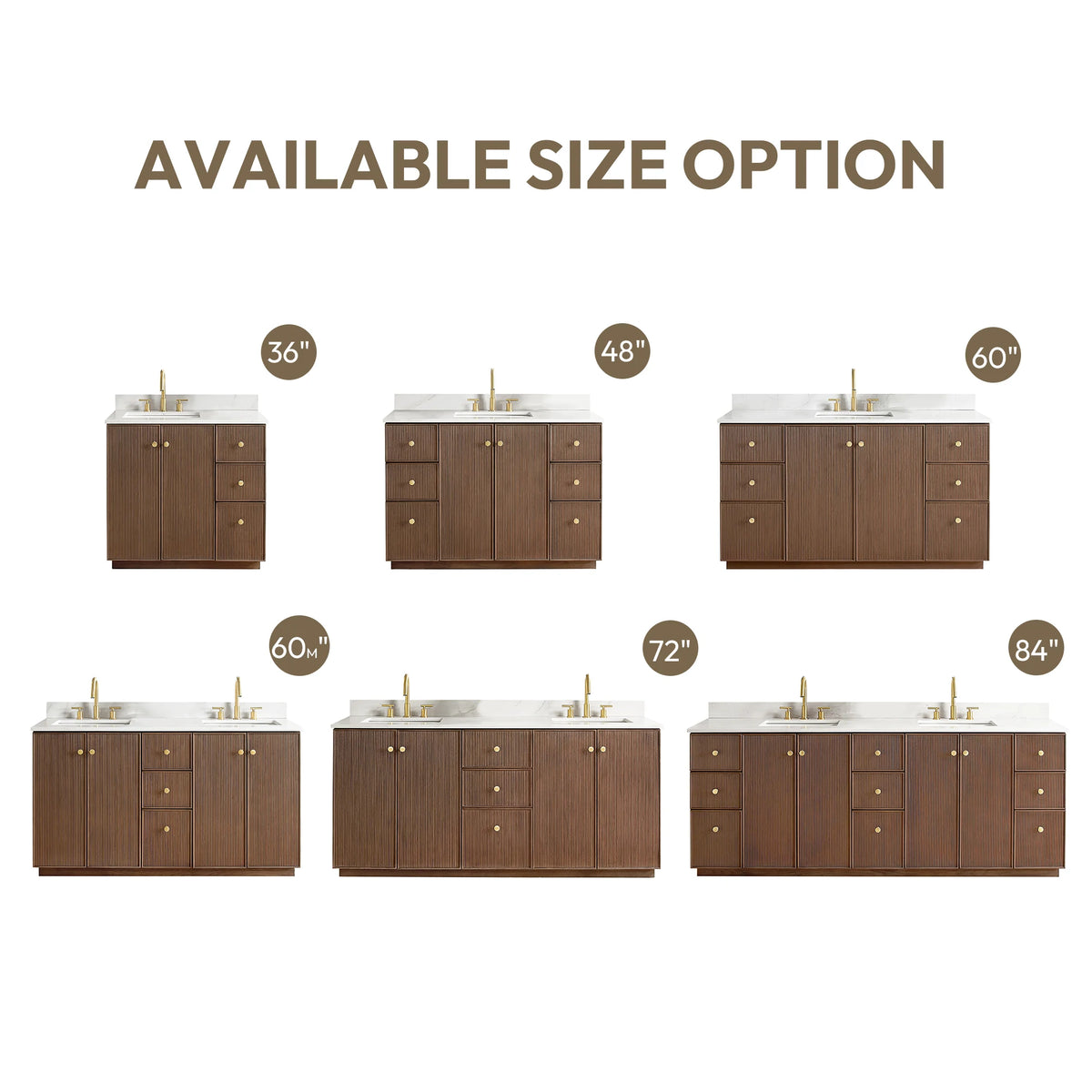Size options graphic listing 36, 48, 60, 60 double, 72 and 84 inch vanity widths