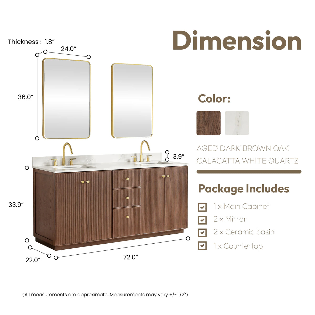 Dimension drawing of the 72-inch double vanity with its matching mirrors