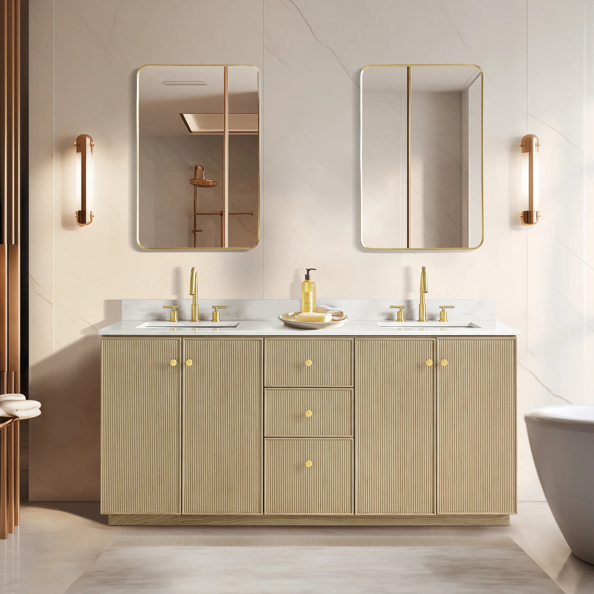 Second bathroom scene featuring the 72-inch double vanity in Aged Natural Oak