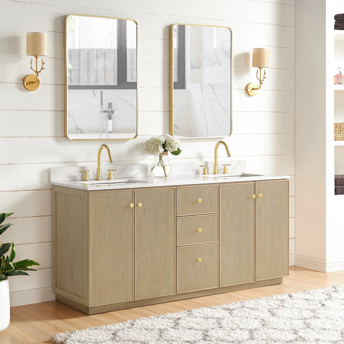 Third bathroom scene featuring the 72-inch double vanity in Aged Natural Oak