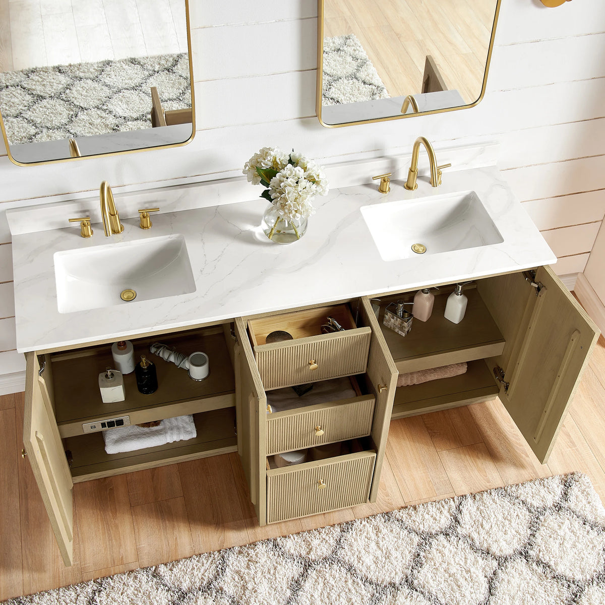 72-inch Aged Natural Oak double vanity with doors and drawers open to show the storage inside