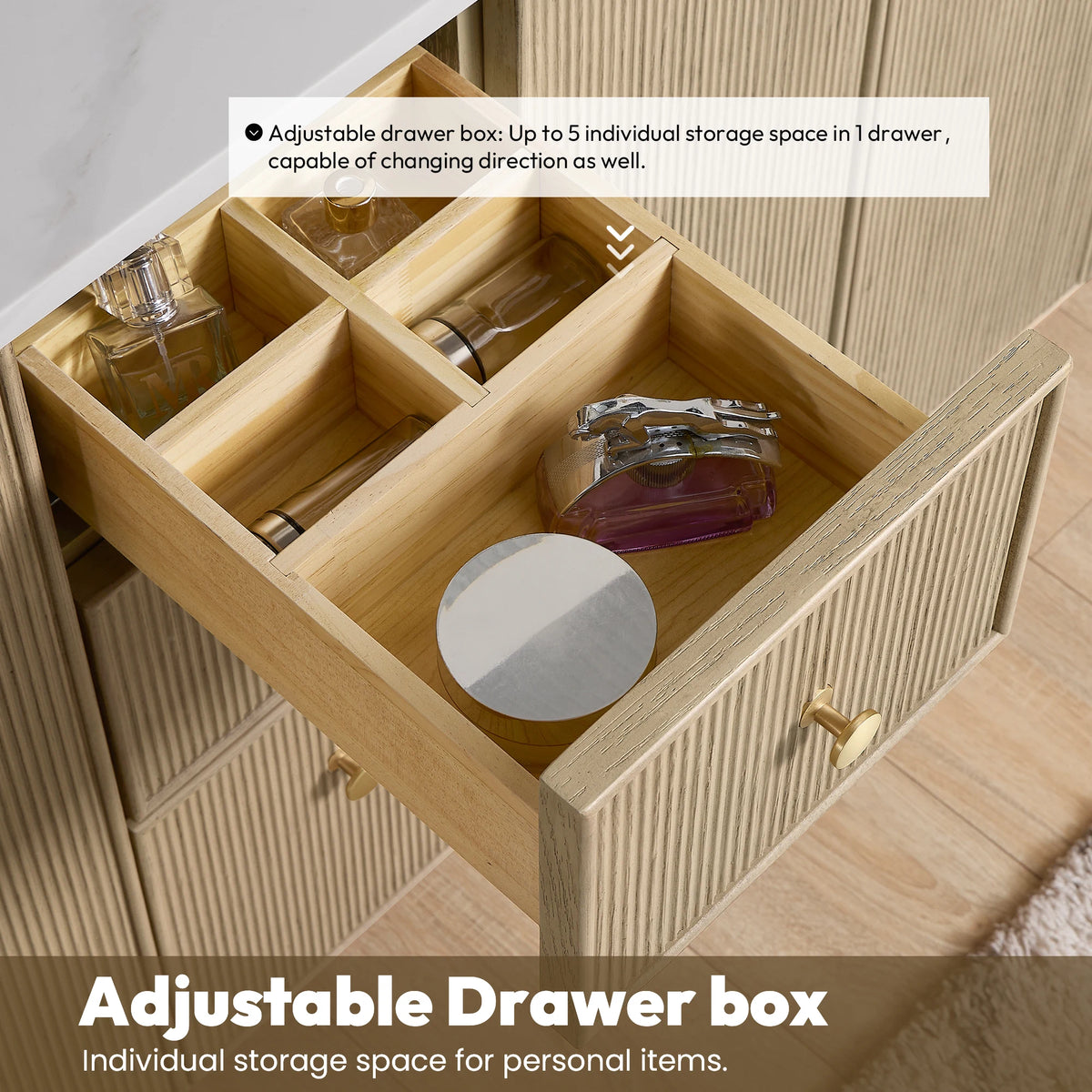 Callout for the adjustable drawer box, with up to 5 individual storage spaces in one drawer