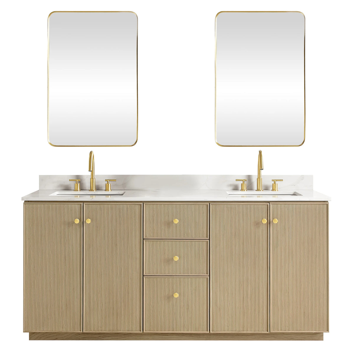 Two matching rectangular mirrors beside the 72-inch Aged Natural Oak double vanity, shown on a white background