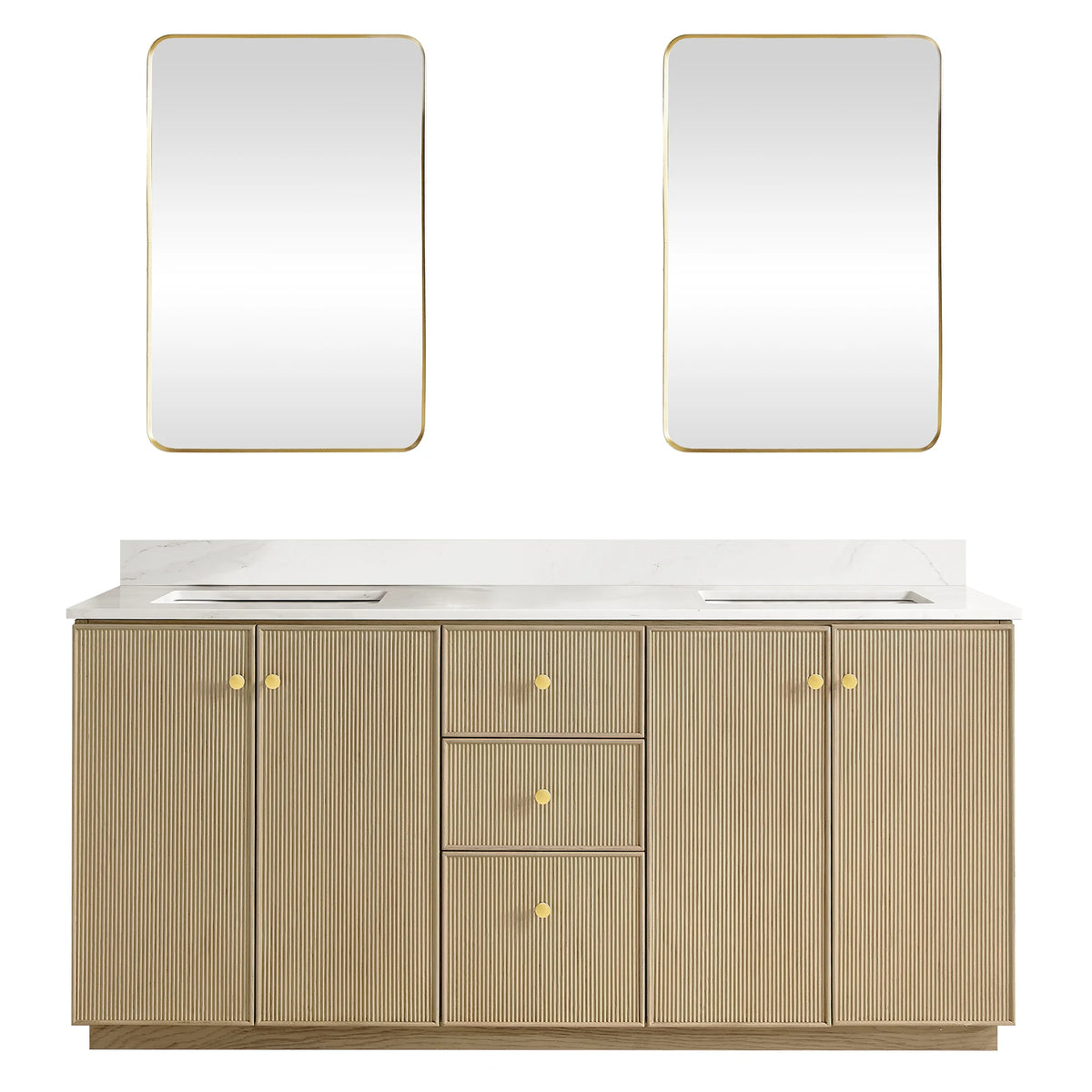 Vanity and two aluminum-framed rectangular mirrors, 72-inch double in Aged Natural Oak, on white