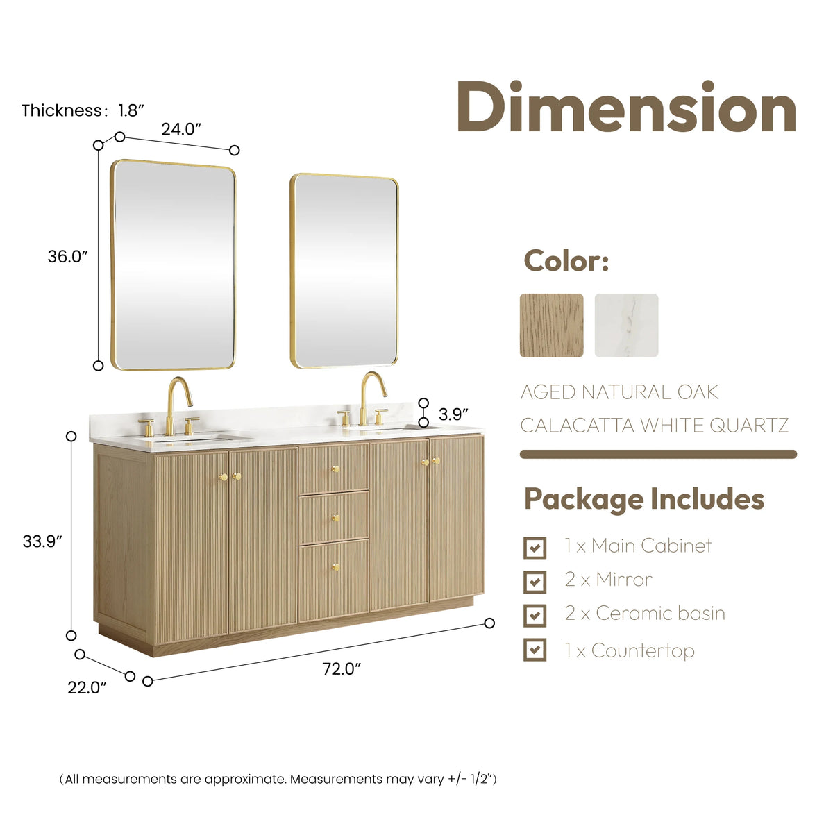 Dimension drawing of the 72-inch double vanity with its matching mirrors