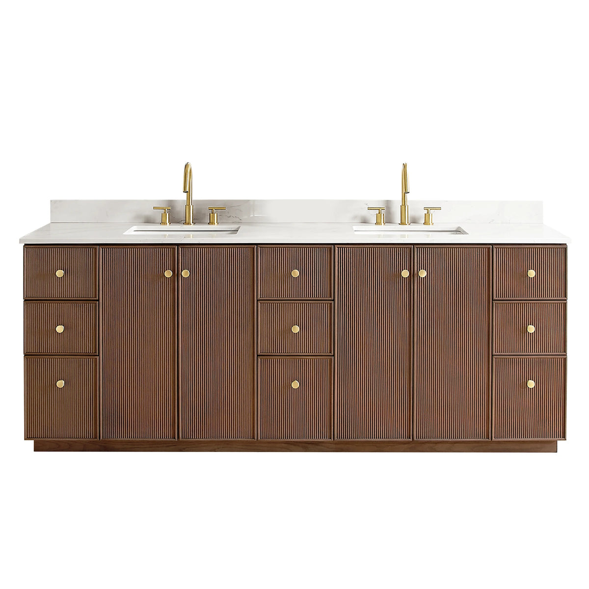 Aged Dark Brown Oak 84-inch double bathroom vanity, front view with Calacatta White Quartz top and Brushed Gold handles