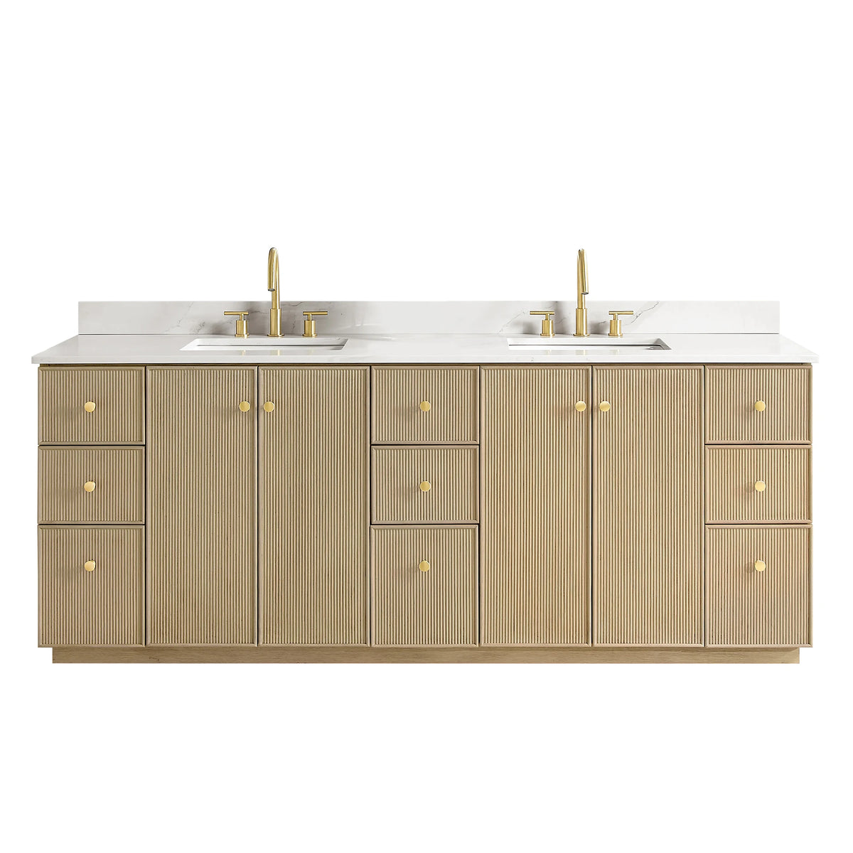 Aged Natural Oak 84-inch double bathroom vanity, front view with Calacatta White Quartz top and Brushed Gold handles