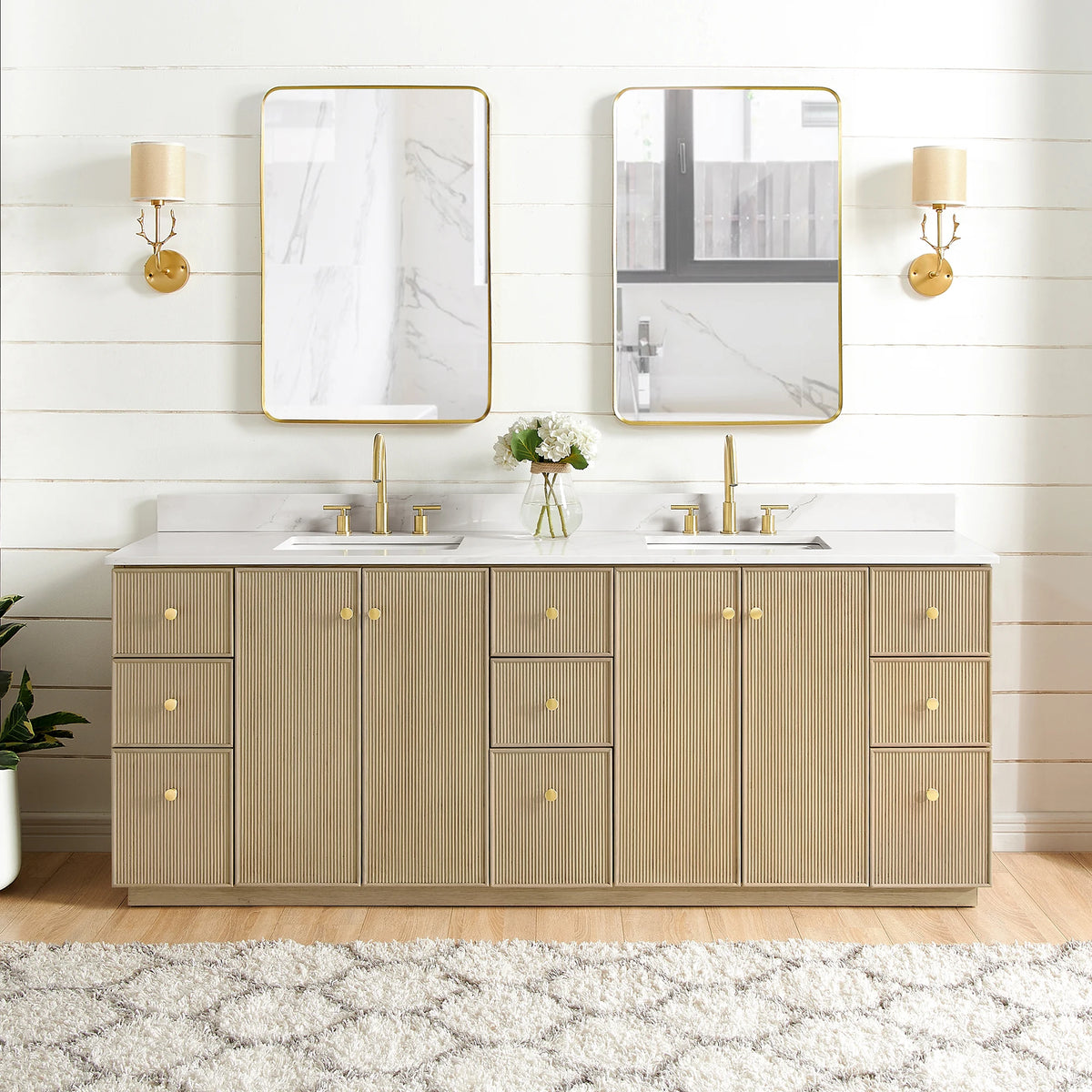 Bathroom photo of the 84-inch double vanity in Aged Natural Oak, Vellora Dovessan collection
