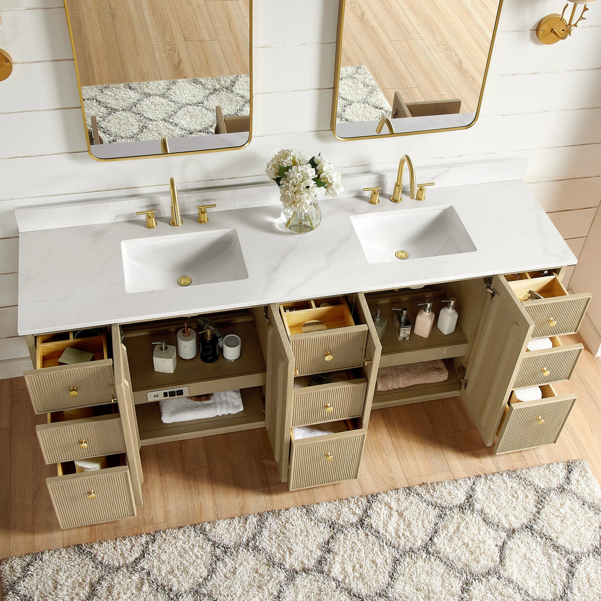 84-inch Aged Natural Oak double vanity with doors and drawers open to show the storage inside