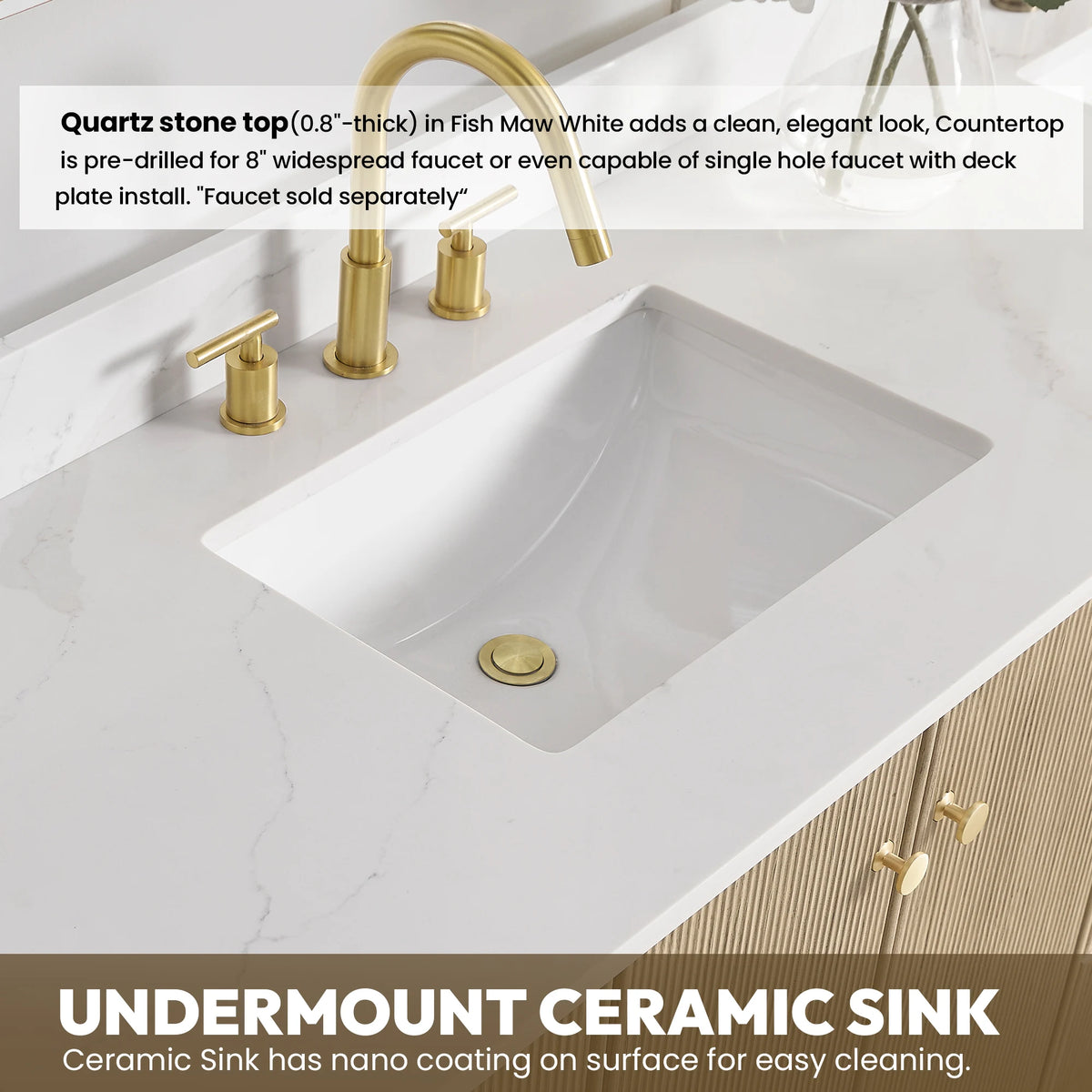 Callout: 0.8-inch Calacatta White Quartz top, 8-inch widespread faucet holes and a nano-coated ceramic undermount sink
