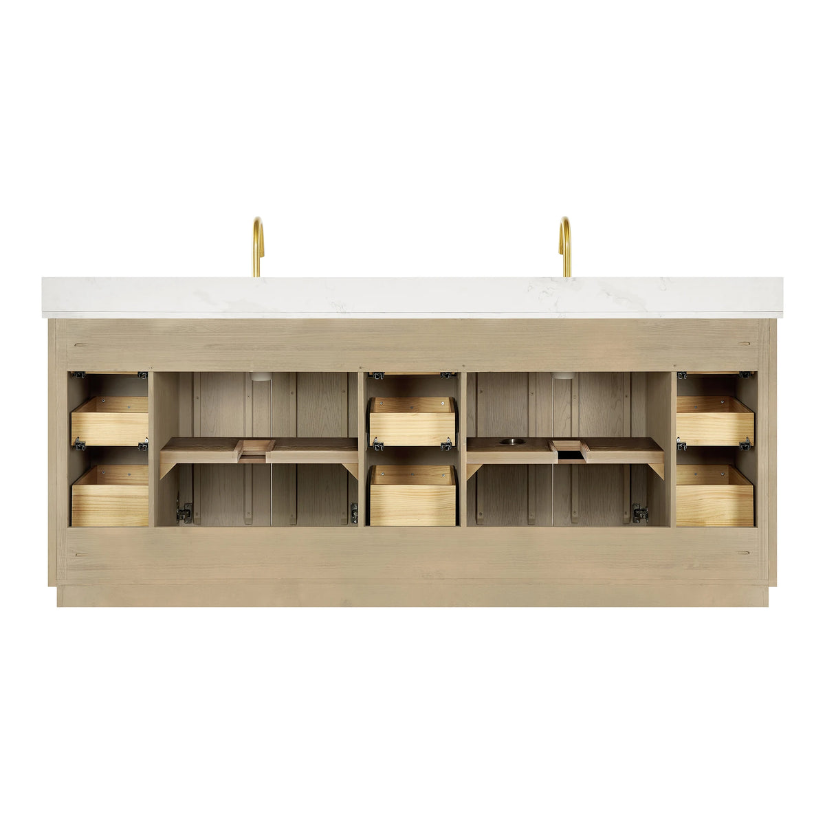 Back and open view of the 84-inch double vanity cabinet with no back panel, on white
