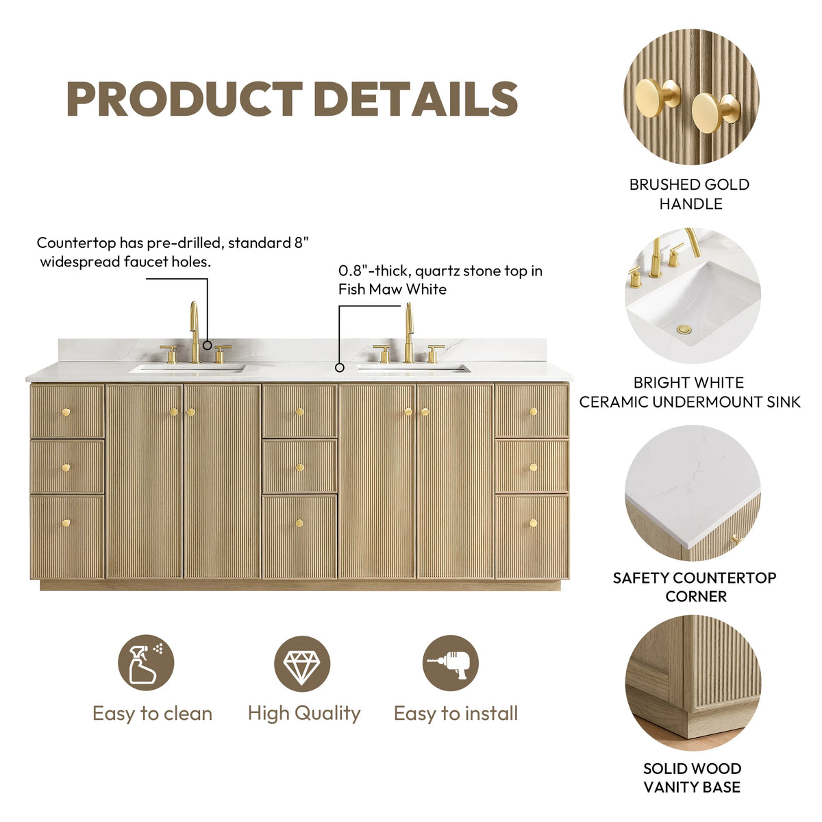 Product details graphic: 8-inch widespread faucet holes, 0.8-inch quartz top, Brushed Gold handle, ceramic undermount sink