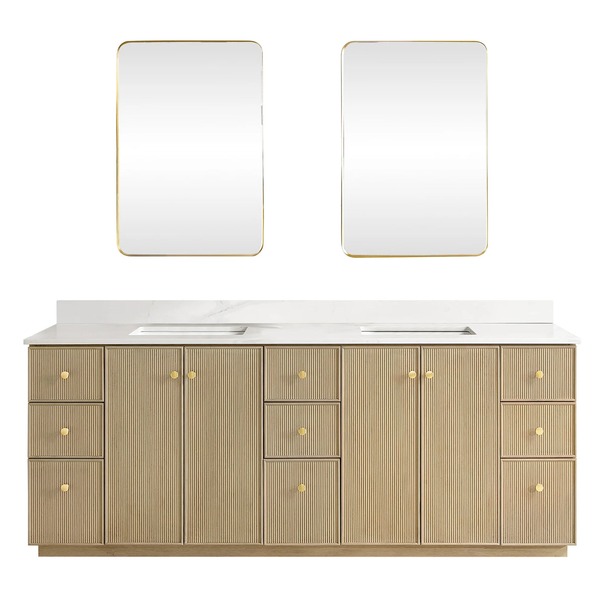 Vanity and two aluminum-framed rectangular mirrors, 84-inch double in Aged Natural Oak, on white