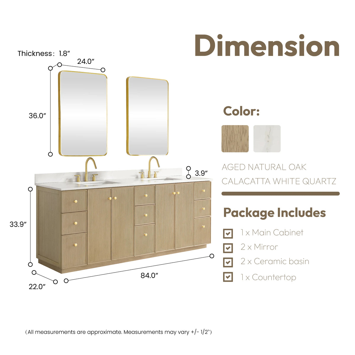 Dimension drawing of the 84-inch double vanity with its matching mirrors