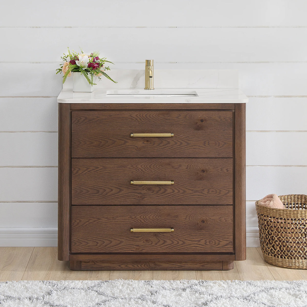 Aged Dark Brown Oak single vanity, 36 inch, staged in a bright bathroom with a shiplap wall and a patterned rug
